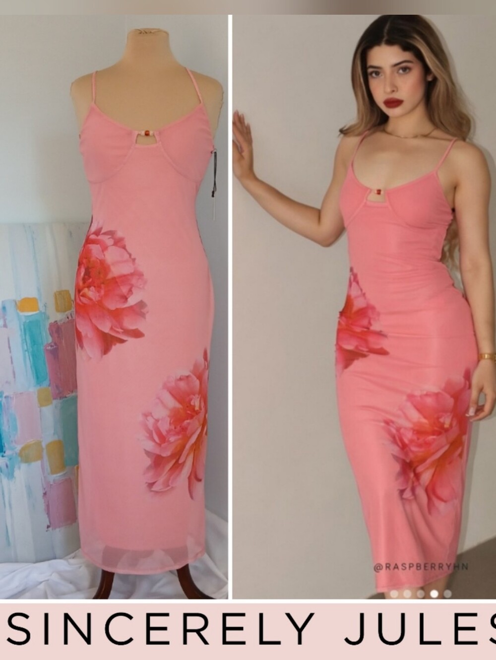 Sincerely Jules Watercolor Floral Mesh Midi Slip Dress, Pink